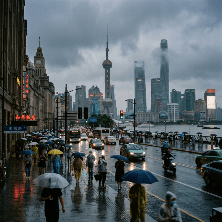 Crowded street with people carrying umbrellas and Shanghai skyline on a rainy day