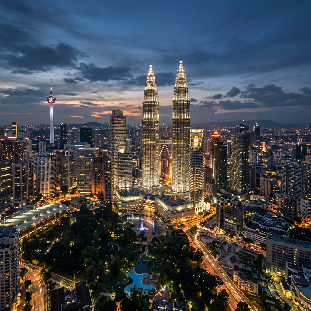 Kuala Lumpur skyline with illuminated Petronas Towers and KL Tower at dusk